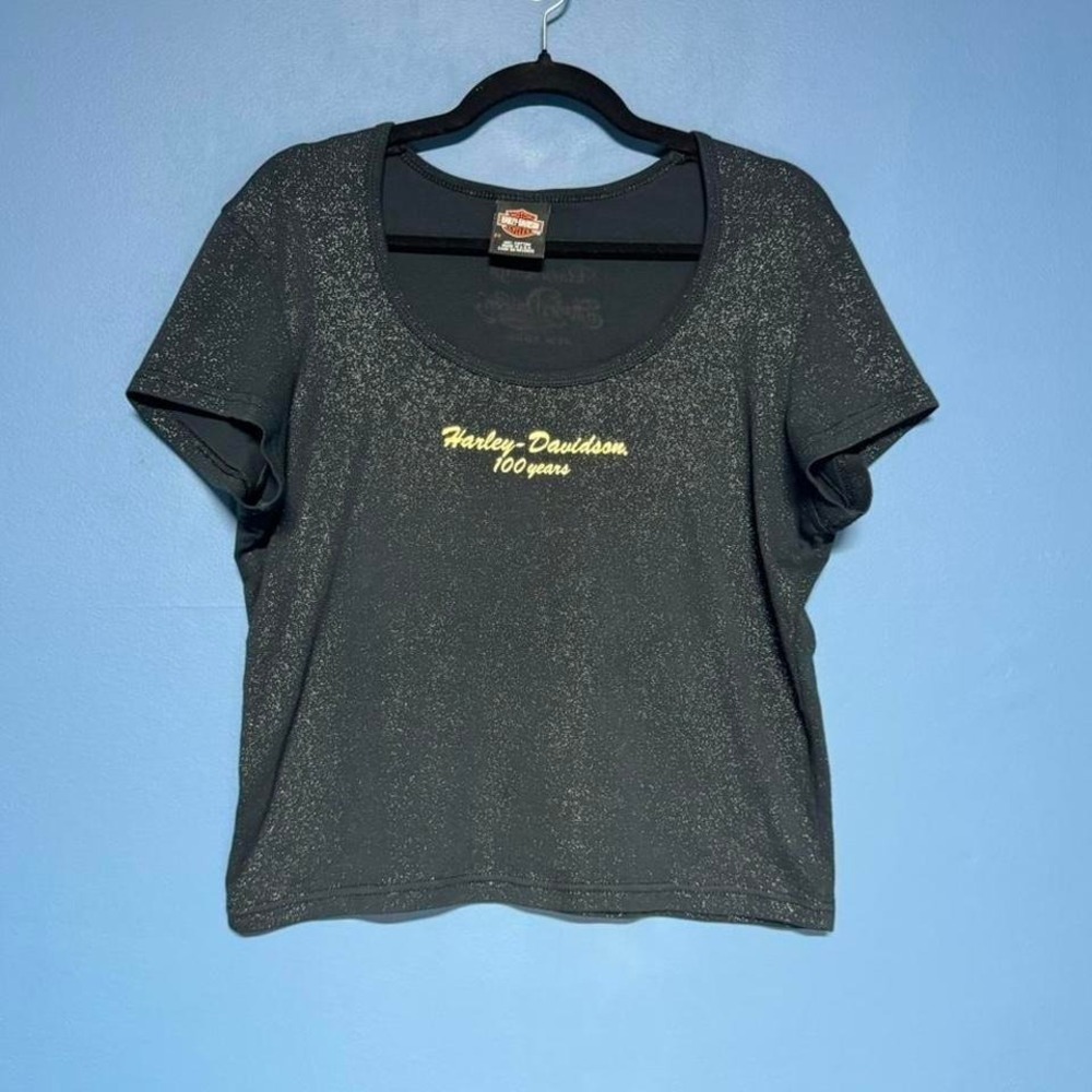 Y2K Harley Davidson Baby Tee Women's Size 2X Black Sparkle‎ 100th Anniversary